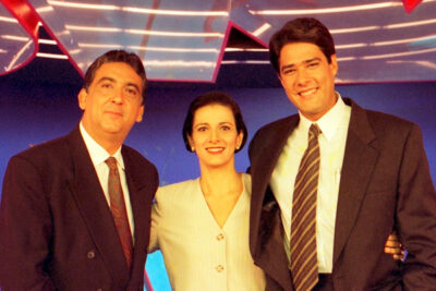 Galvão Bueno, Lilian Witte Fibe e William Bonner no Jornal Nacional (Divulgação / Globo)