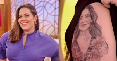 Tati Machado e a tatuagem em homenagem a Fátima Bernardes (Montagem / TV História)