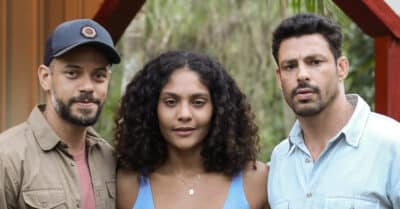 Paulo Lessa (Jonatas), Barbara Reis (Aline) e Cauã Reymond (Caio) em Terra e Paixão (Manoella Mello / Globo)