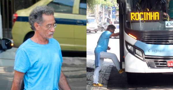 O ator Chico Diaz subindo no ônibus