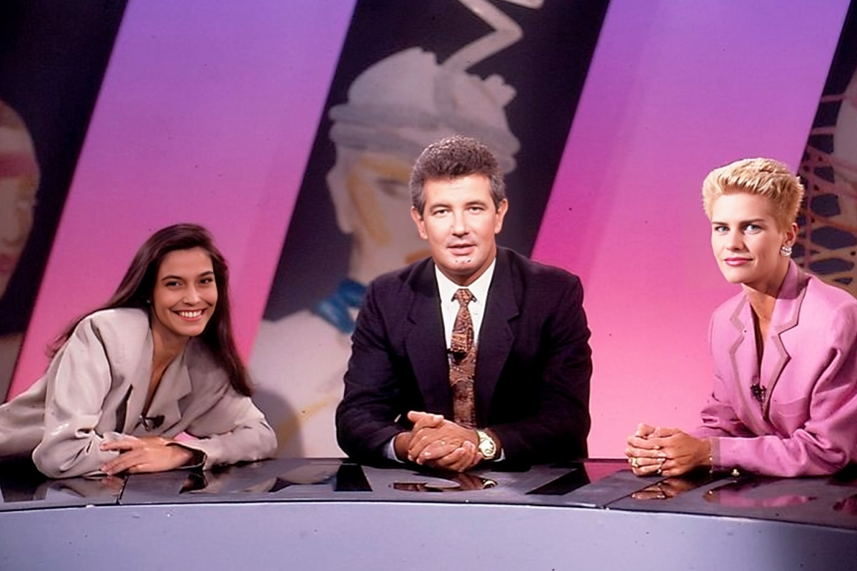 Valéria Monteiro, Celso Freitas e Doris Giesse apresentando o Fantástico no início dos anos 1990