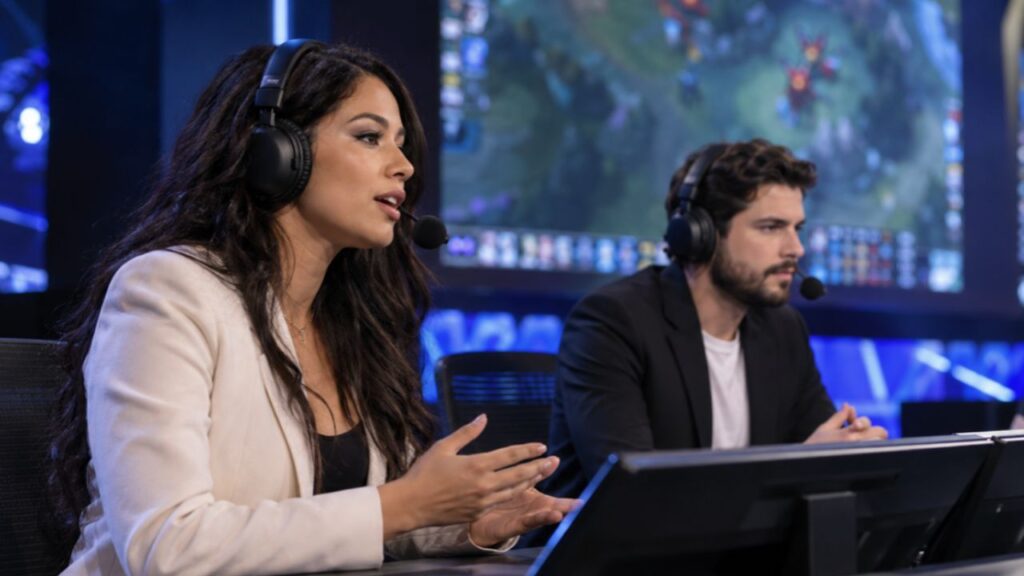 Uma partida de eSports já não tem uma só narração Narradores de eSports acompanhando uma competição em estúdio